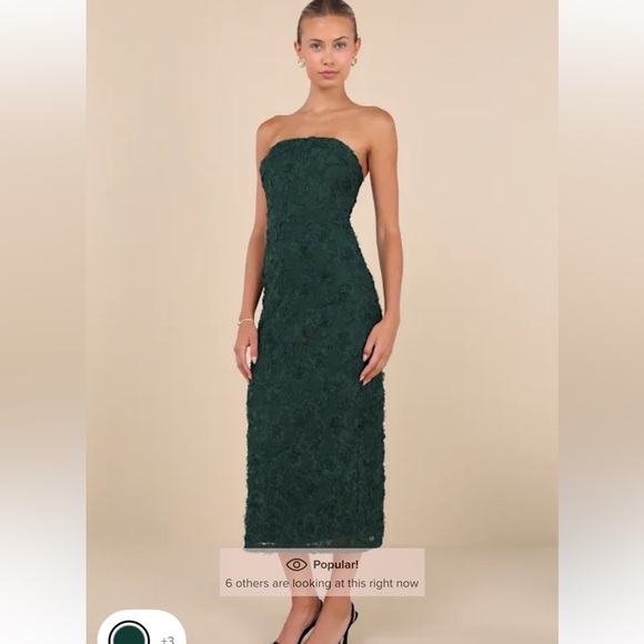 Lulus Flawless Perfection Emerald Floral Applique Strapless Midi Dress Green NEW - Picture 2 of 5